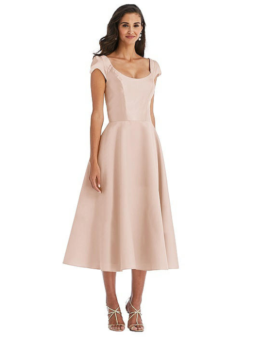 Alfred Sung Cap-Sleeve Satin Midi Dress Cameo 4 - Image 2