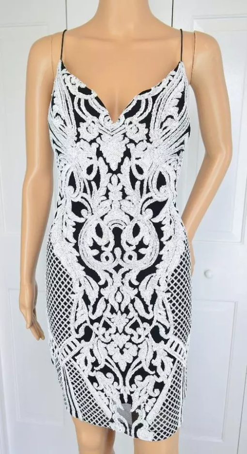 B Darlin Juniors Sequined Bodycon Low- BlackWhite 1/2 - Image 2