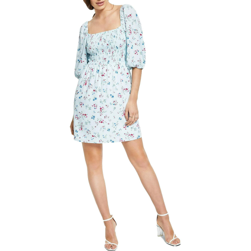 Bar III Printed Smocked Convertible Dr Aqua Light Floral XS - Image 2