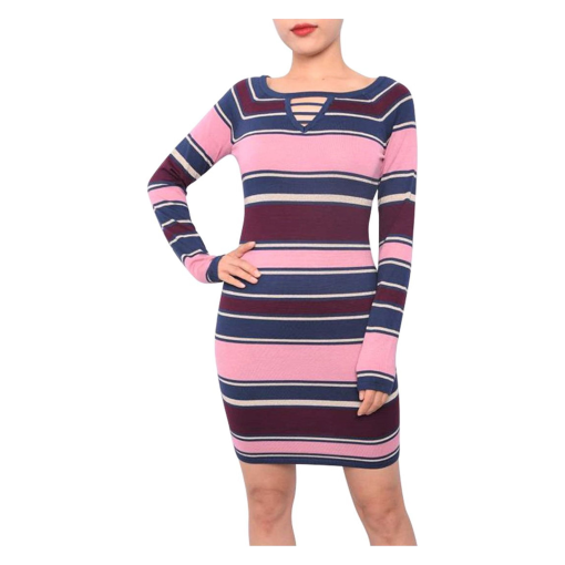 Planet Gold Juniors Keyhole Bodycon Sweat WineBluePink Stripe XS - Image 2