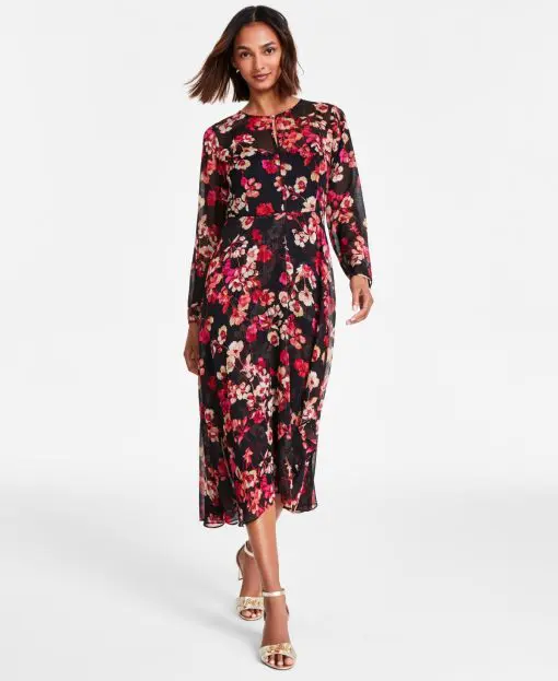 Tommy Hilfiger Women's Long-Sleeved Paper Poppy Printed Chiffon a-Line Dress - Black Multi 8