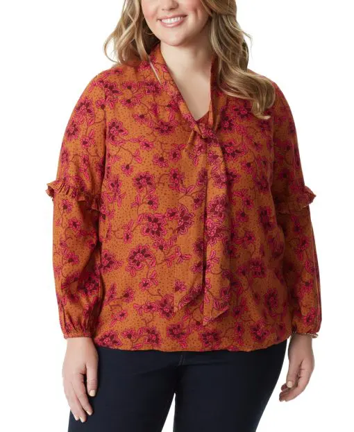 Jessica Simpson Trendy Plus Size Printed Tie-Neck Top - Glazed Ginger - Botanical Pebbles 2X