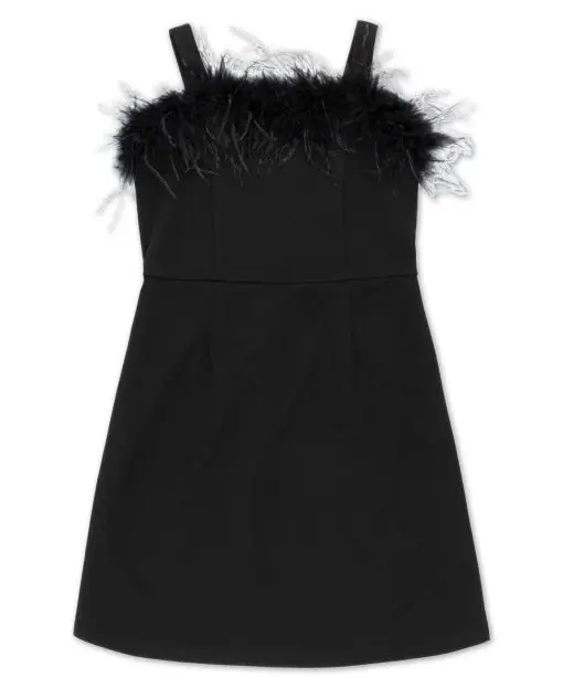 Speechless Big Girls Square Neck a Line Feather Trim Dress - Black  12