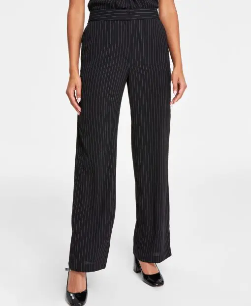 Dkny Women's High-Rise Wide-Leg Pinstripe Pants - Black/white