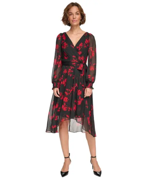 DKNY Womens Printed Chiffon Faux-W BlackScarlet 8