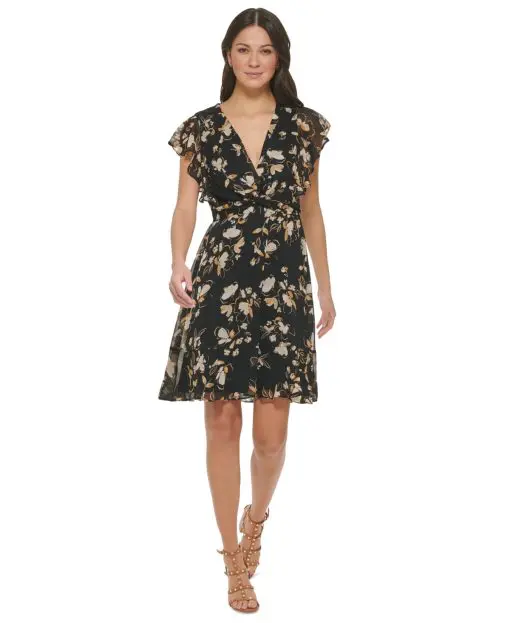 Dkny Women's Floral-Print Twist-Front Fit & Flare Dress - Black/Tan 4