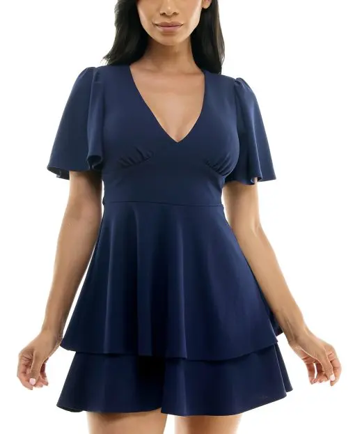 B Darlin Juniors V-Neck Flutter-Sleeve Navy 3/4