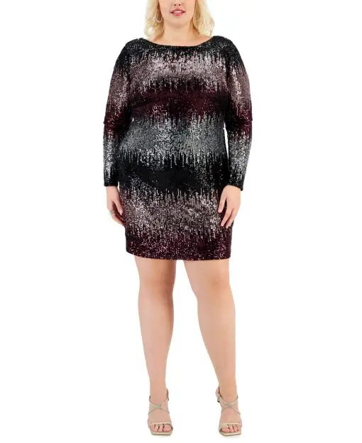 B Darlin Trendy Plus Size Sequin Long-S BlackWineSilver 14W