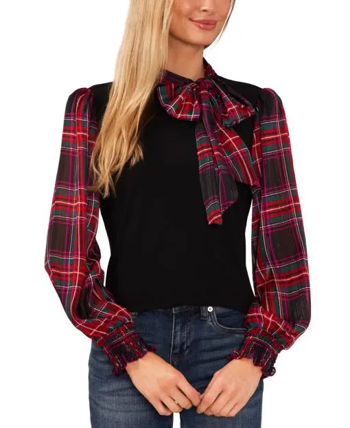 CeCe Women's Tie-Neck Mixed Media Tartan Blouse - Rich Black XS