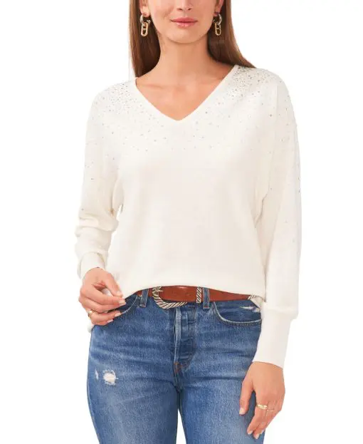 Sam Jess Womens V-Neck Long-Sleeve Swe Antique White XL