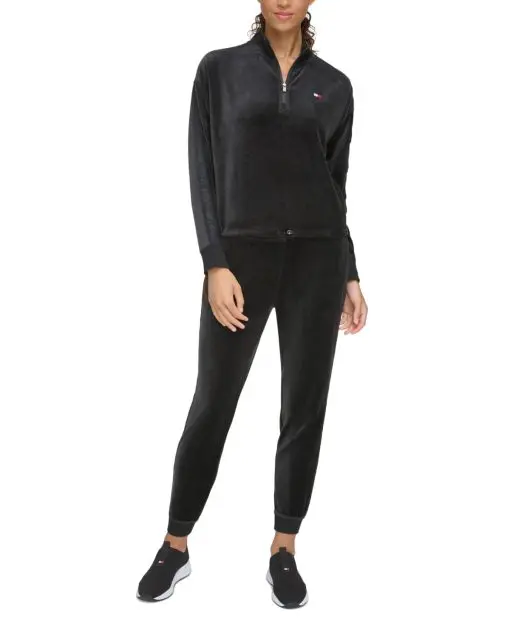 Tommy Hilfiger Womens Cropped Velour Pullove Black L