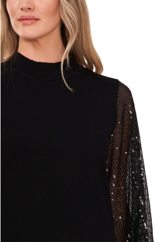 CeCe Womens Sheer-Sequin-Sleeve Mo Rich Black XL - Image 3