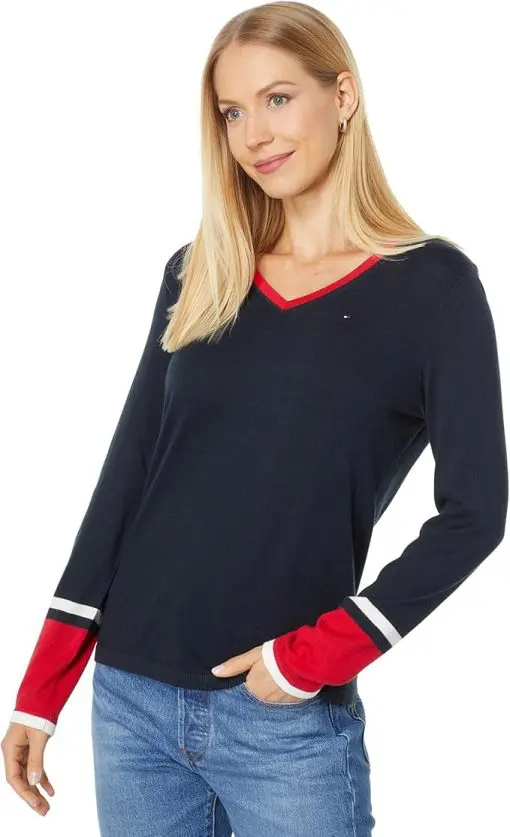 Tommy Hilfiger Women's Ivy Cotton V-Neck Tipped Sleeve Sweater - Sky Captain/scarlet/ivory S