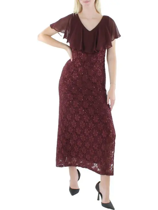 Connected Sequined Lace Overlay Gown Bordeaux 4