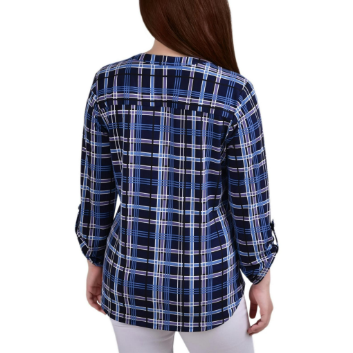 NY Collection Petite Plaid Y Neck Top Navy Plaid PS - Image 2