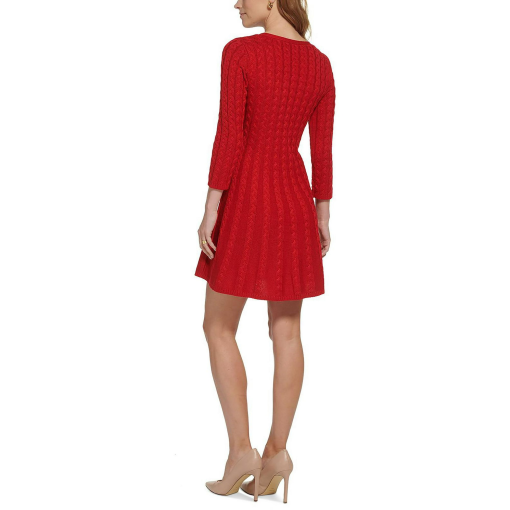 Jessica Howard Petite V-Neck Cable-Knit Sweat Red PM - Image 2