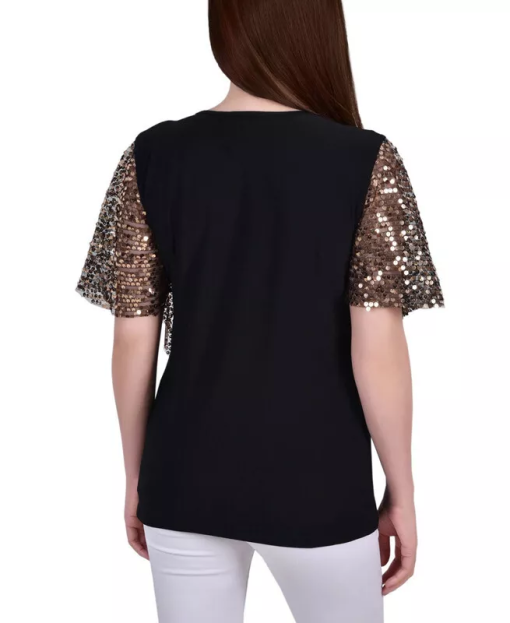 NY Collection Petite Sequin-Front Poncho Top Gold Discoball PL - Image 2