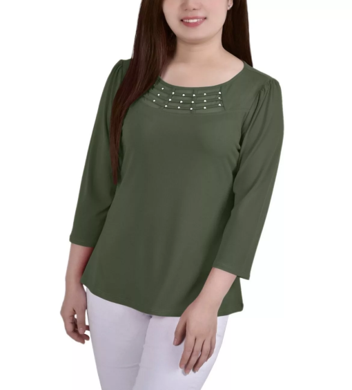 NY Collection Petite 34 Sleeve Crepe Knit T Olivine PL - Image 2