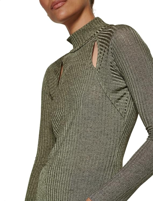 DKNY Womens Ribbed Long-Sleeve Cut Martini Olive M - Image 3