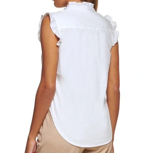 DKNY Womens Ruffled Blouse Linen White M - Image 2