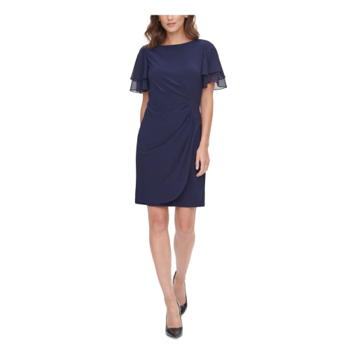 Jessica Howard Petite Chiffon-Sleeve Sheath D Navy 8P - Image 2