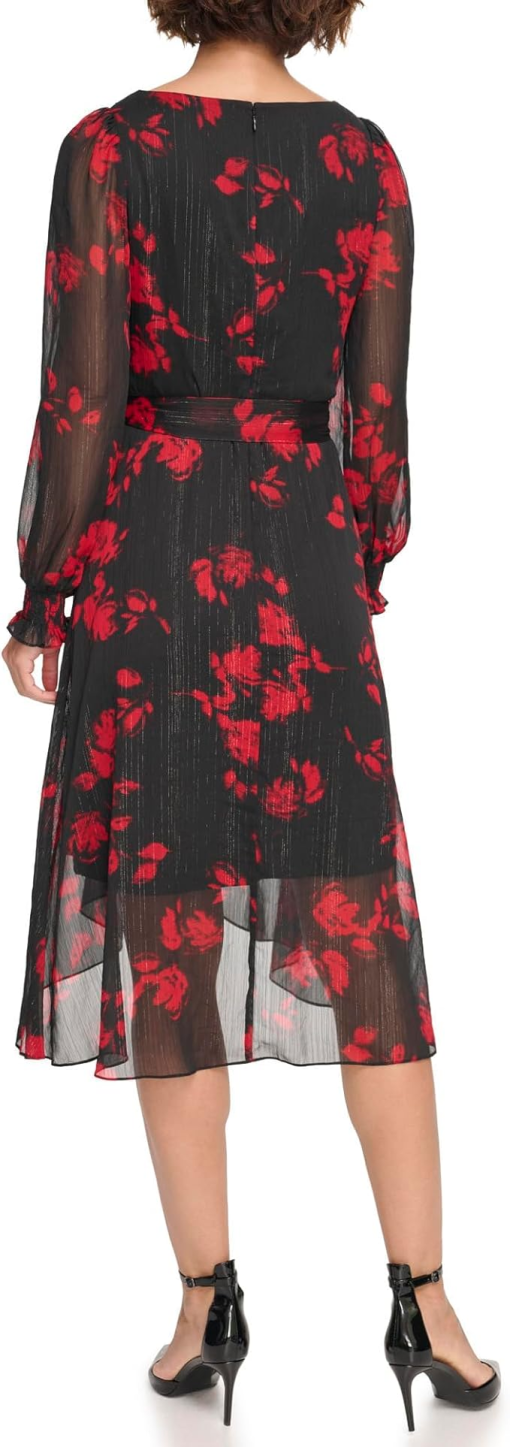 DKNY Womens Printed Chiffon Faux-W BlackScarlet 8 - Image 2