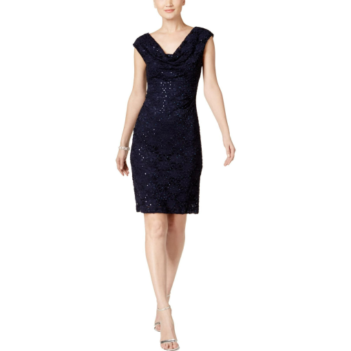 Connected Sequined Lace Sheath Dress Navy Blue 8 - Image 2