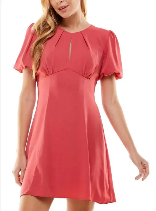 CITY STUDIO Women's Coral Zippered Lined Open Tie Back Pouf Sleeve Keyhole Short Fit + Flare Dress Juniors 3