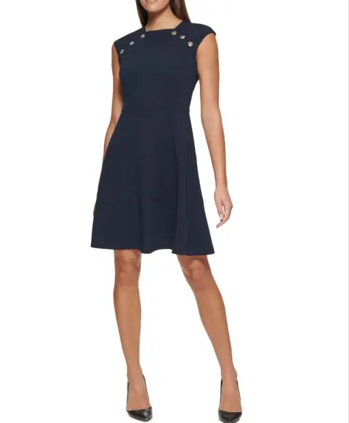 Tommy Hilfiger Women's Button Shoulder a Line Knee Length Dress - Navy - Size 16