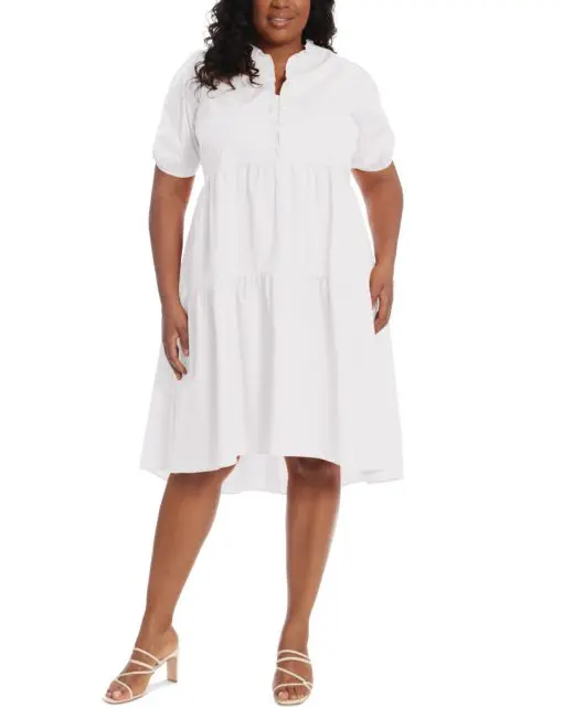 London Times Plus Size Ruffle Neck High Low a-Line Dress - White 14W