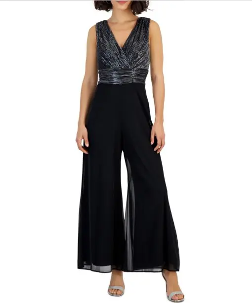 Connected Petite Sleeveless V-Neck Metallic Jumpsuit - Black Silver 8P