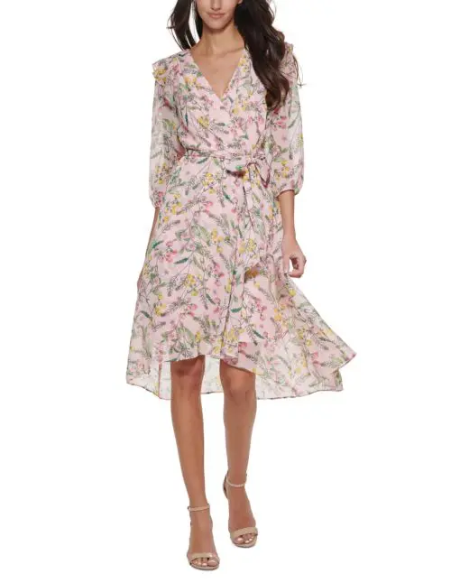 TOMMY HILFIGER Women's Pink Zippered Sheer Lined Tie Belt Hi-lo Hem Ruffled Floral Balloon Sleeve Surplice Neckline Below the Knee Faux Wrap Dress 10