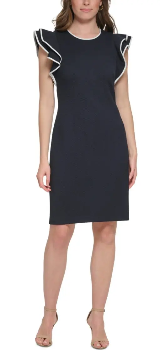 Tommy Hilfiger Women's Mini-Quilted Jacquard Flutter-Sleeve Dress - Sky Captain Navy Blue 10