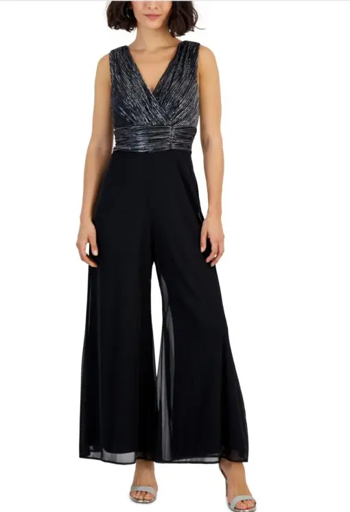 Connected Petite Sleeveless V-Neck Metallic Jumpsuit - Black Silver 8P