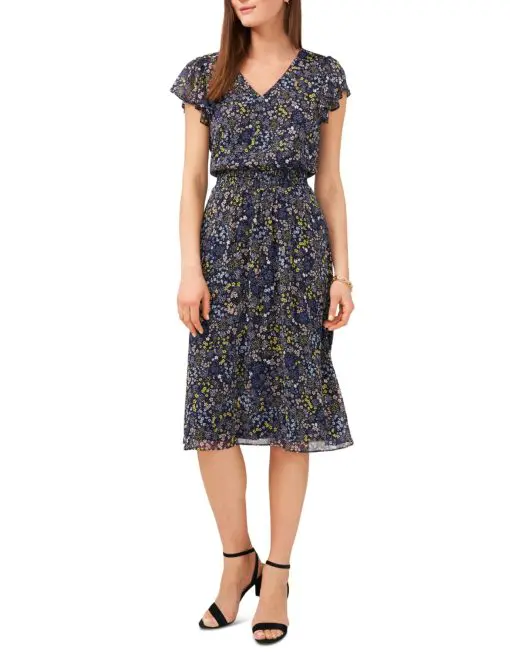 Msk Petite Printed Flutter-Sleeve MIDI Dress - Denim/Yellow PM