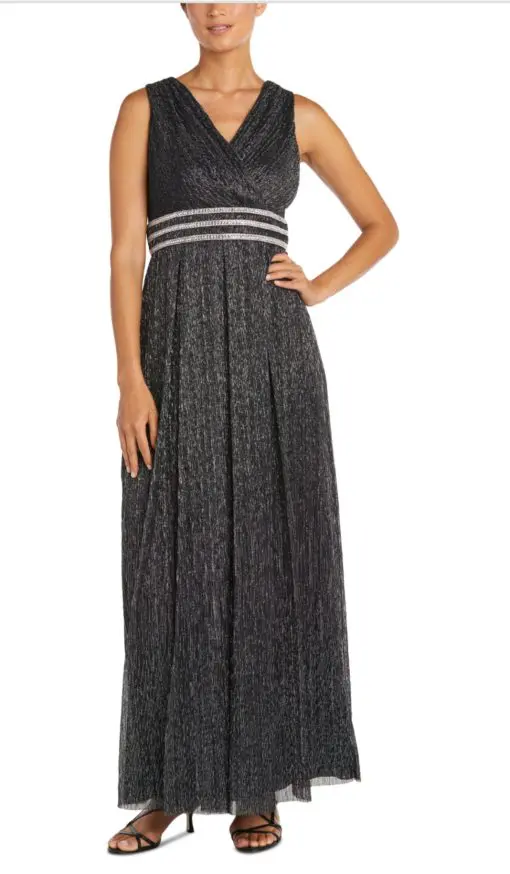 R & M Richards Crinkle Pleated Gown - Black/Silver 16