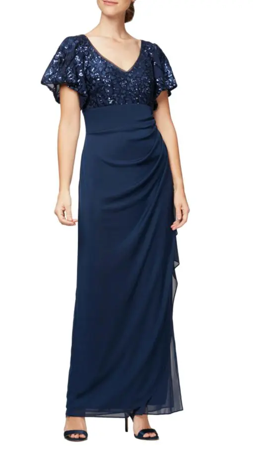 Alex Evenings Embroidered Sequin Empire-Waist Dress - Navy 16