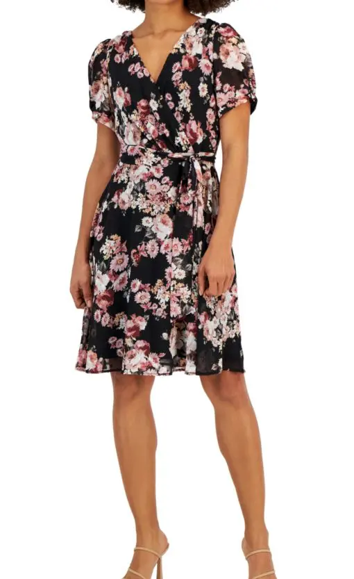 Connected Petite Printed Twist Puff-Sleeve Belted Dress 6P