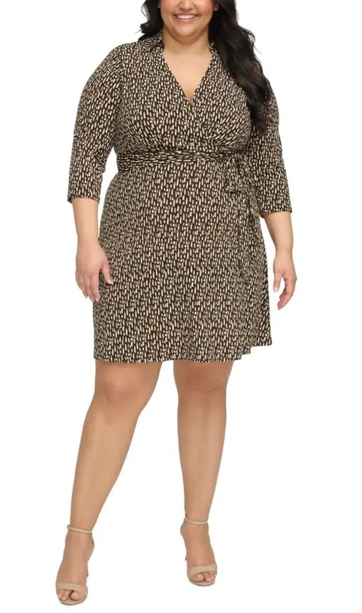 Jessica Howard Plus Size Printed Belted Sheath Dress - Black Brown 14W