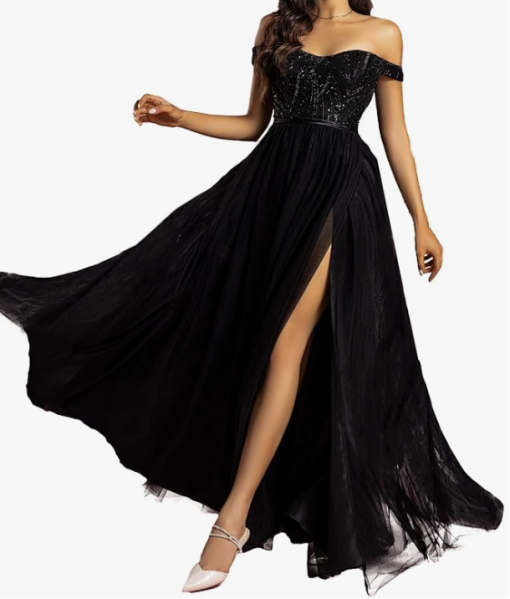 VIPGIRL Women's Formal Off Shoulder Tulle Lace-up Maxi Prom Dress, Sequin A-Line Split Thigh Evening Gown