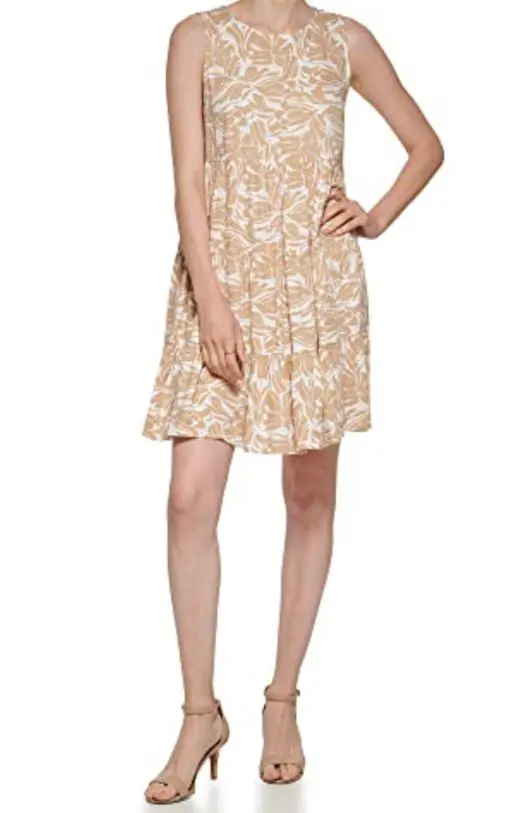 Tommy Hilfiger Women's Casual Dresses IS7_IVO/SAND - Sand & Ivory Abstract Floral Sleeveless Swing Dress - Women