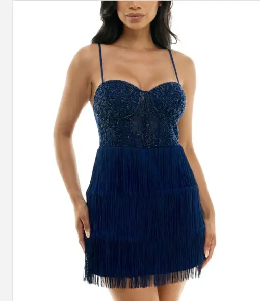 B Darlin Juniors' Beaded Corset Fringe Mini Dress - Navy/Navy 3/4