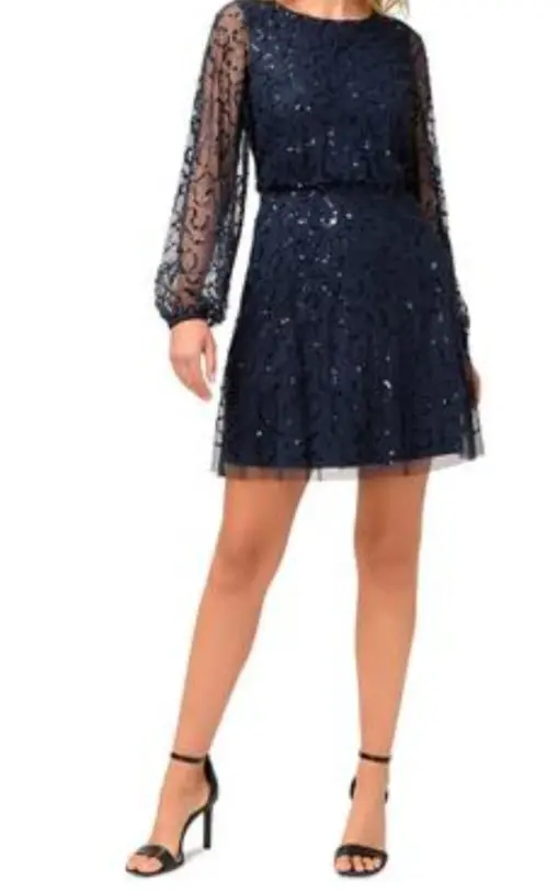 Papell Studio Women's Round-Neck Long-Sleeve Sequin Dress - Navy 10