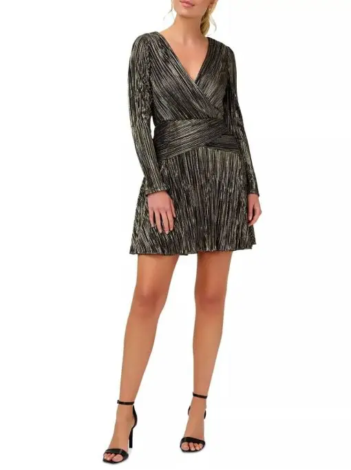 AIDAN MATTOX Dress Size 4 Metallic Black Gold Long Sleeve V-Neck Mini 2