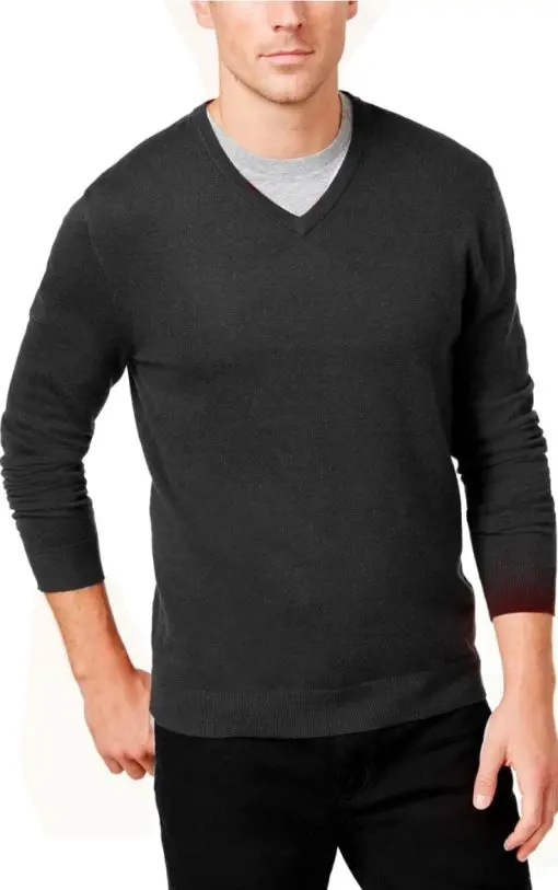 Alfani Mens Solid V-Neck Cotton Sweater, Indigo Heather, X-Large