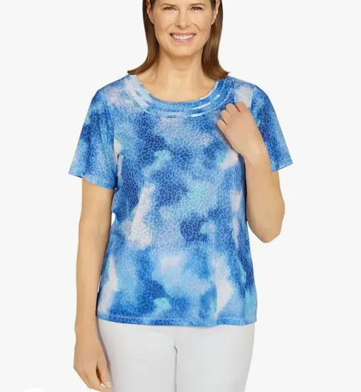 Alfred Dunner Womens Petite Animal Tie Dye Burnout Top, Blue, 3X