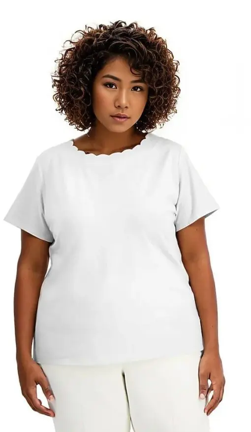 ANNE KLEIN Womens White Scalloped Short Sleeve Round Neck T-Shirt Plus 0X