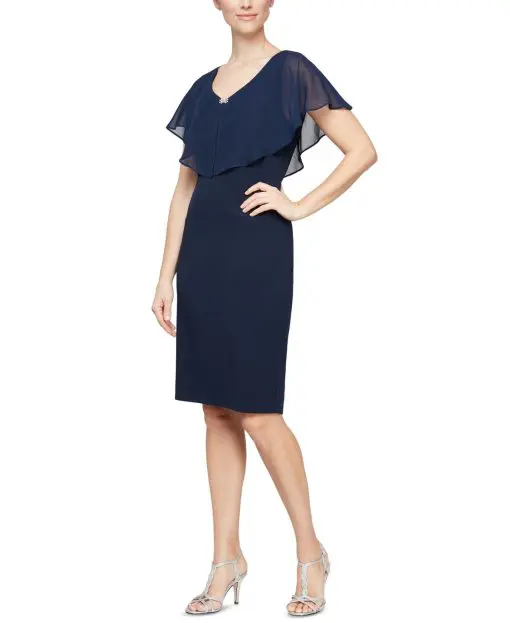 Sl Fashions Sheer-Overlay Sheath Dress - Navy 10