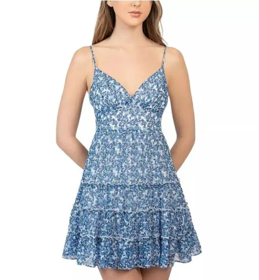 B. DARLIN WOMENS BLUE FLORAL PRINT SHORT TIERED MINI DRESS JUNIORS 0