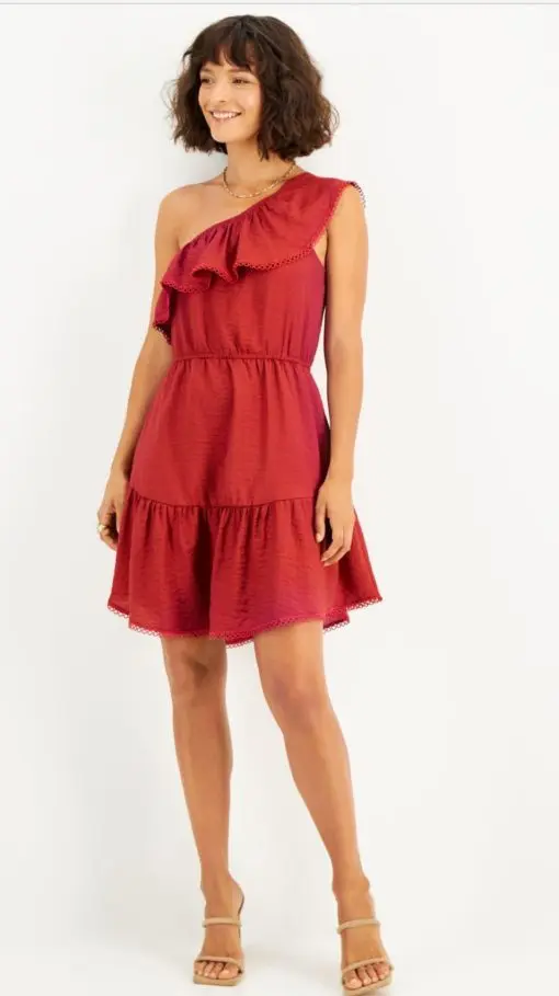 Bar Iii Dresses Womens Red Lined Pullover Cap Sleeve Asymmetrical Neckline Above the Knee Cocktail Fit + Flare Dress M